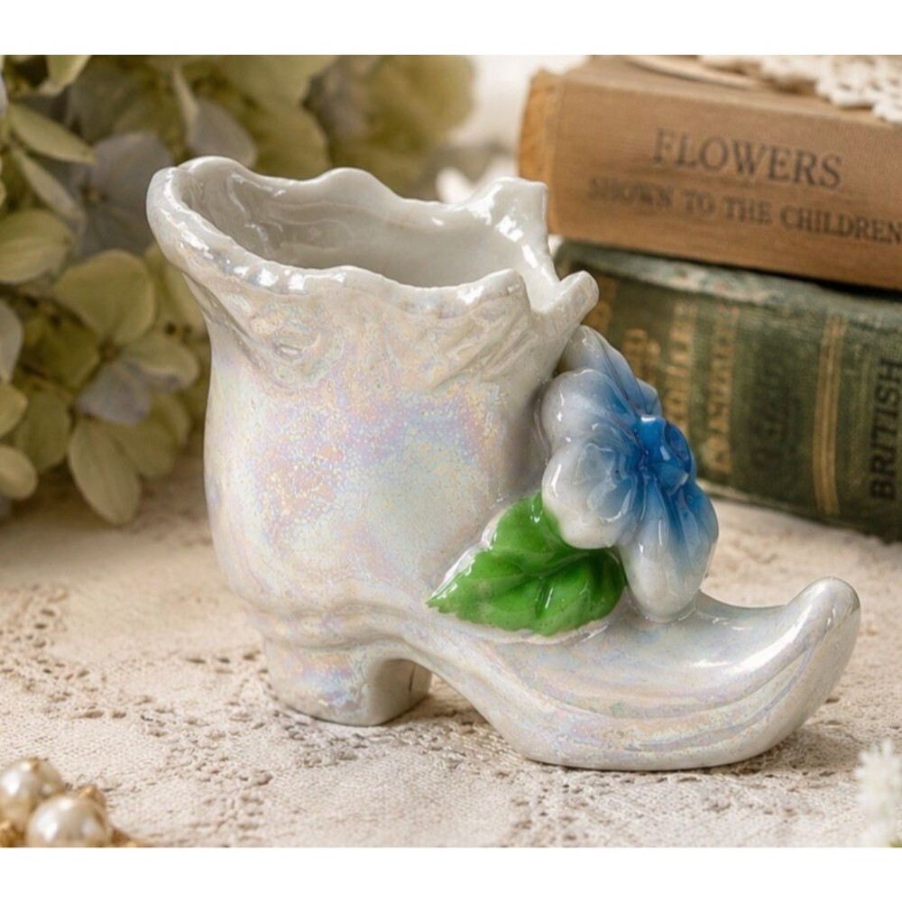 Vintage Japan Iridescent Porcelain Boot Shoe Vase Blue Flower Lustreware Planter